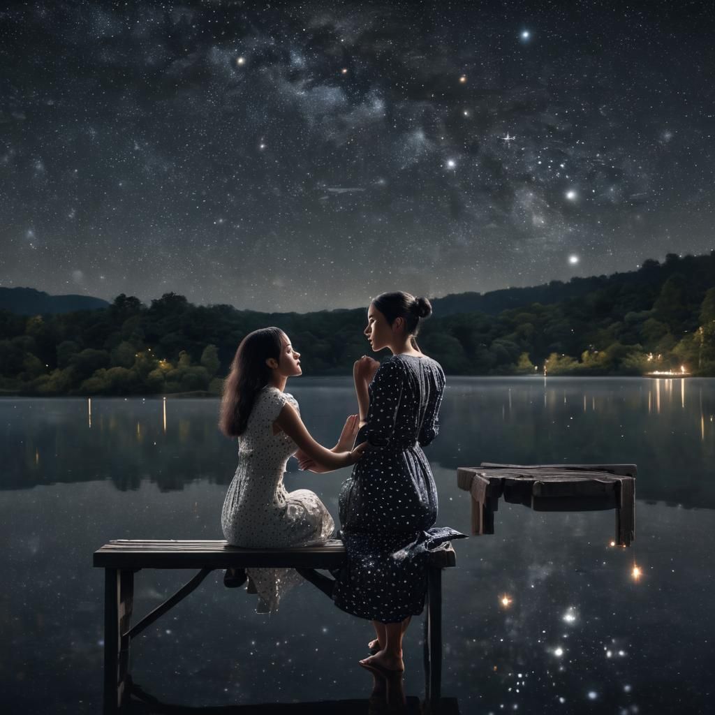 Woman on Bench at Night with Sparkling Lights