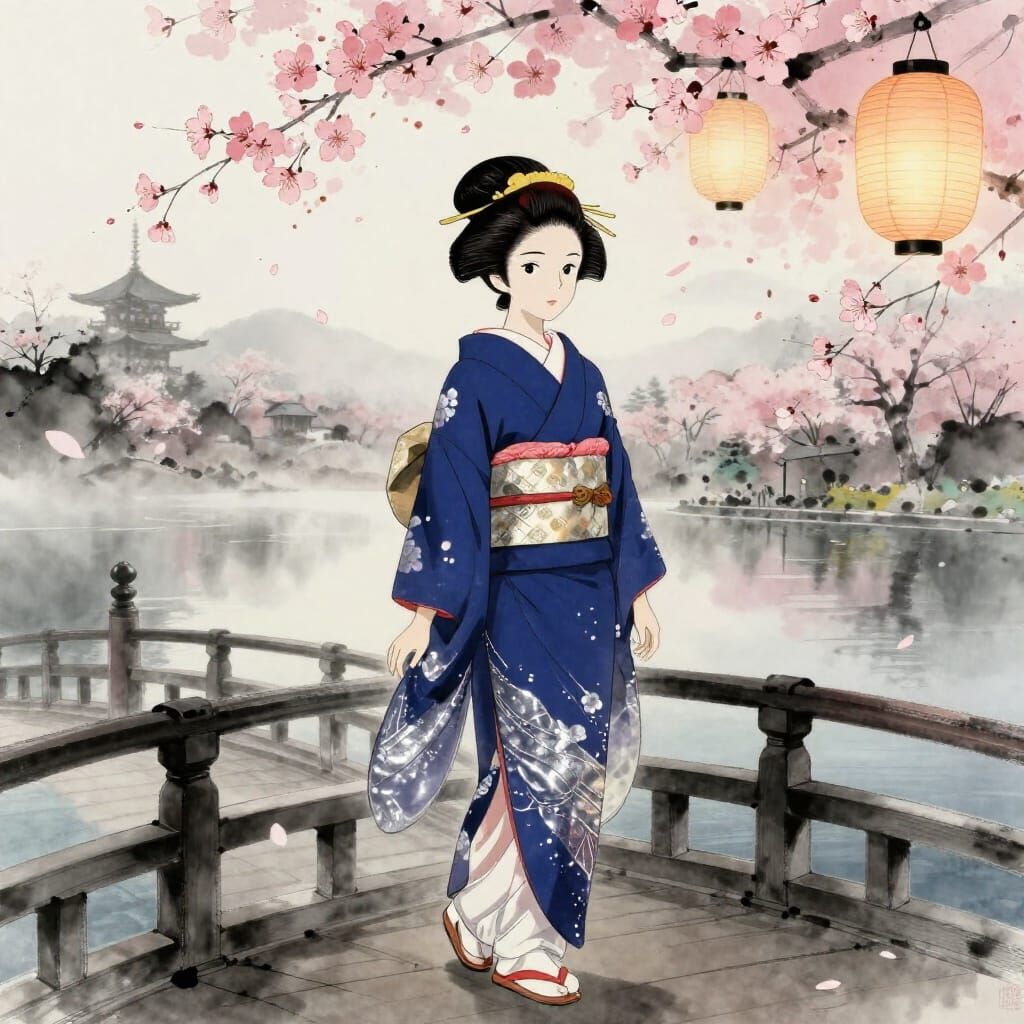 A solitary geisha, adorned in a shimmering kimono of deep indigo and silver, stands on a bridge overlooking a tranquil, ...