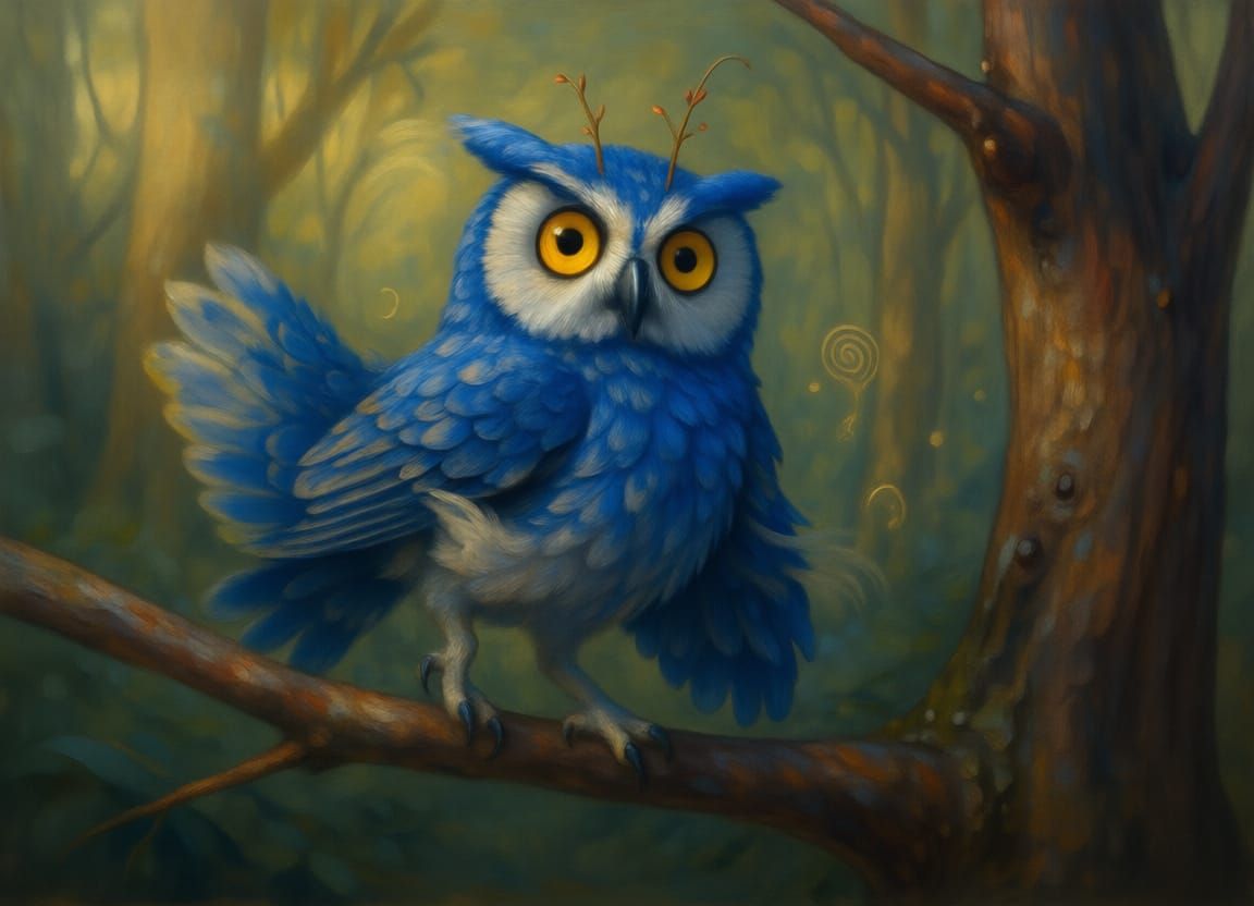 Puffy Blue Owl with Huge Yellow Eyes on Branch