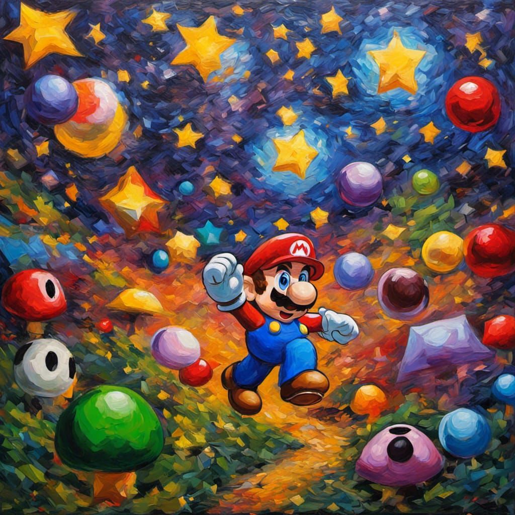 Super Mario Scene in Starry Night Style