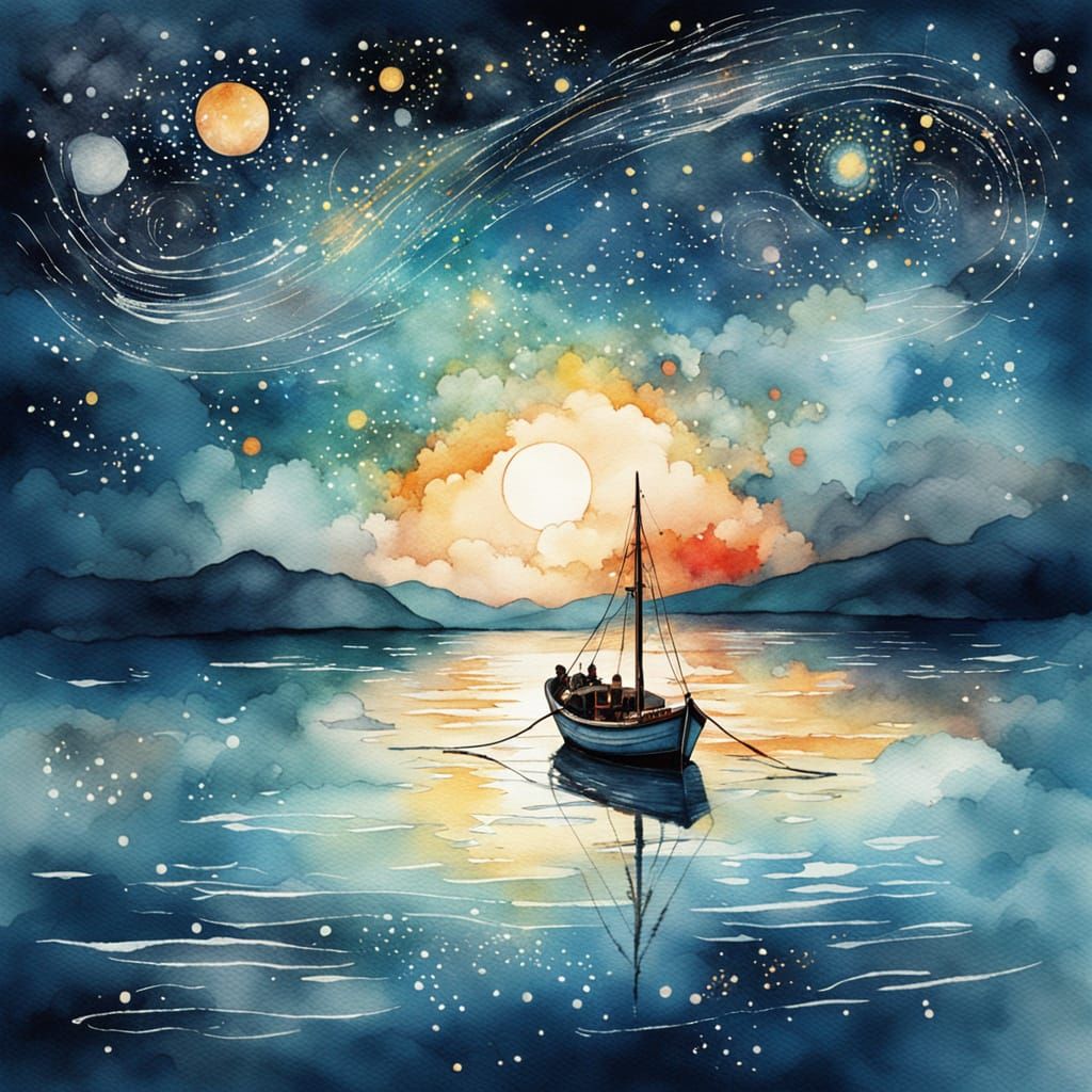 Fishing Boat on Starry Sea: Watercolor Painting
