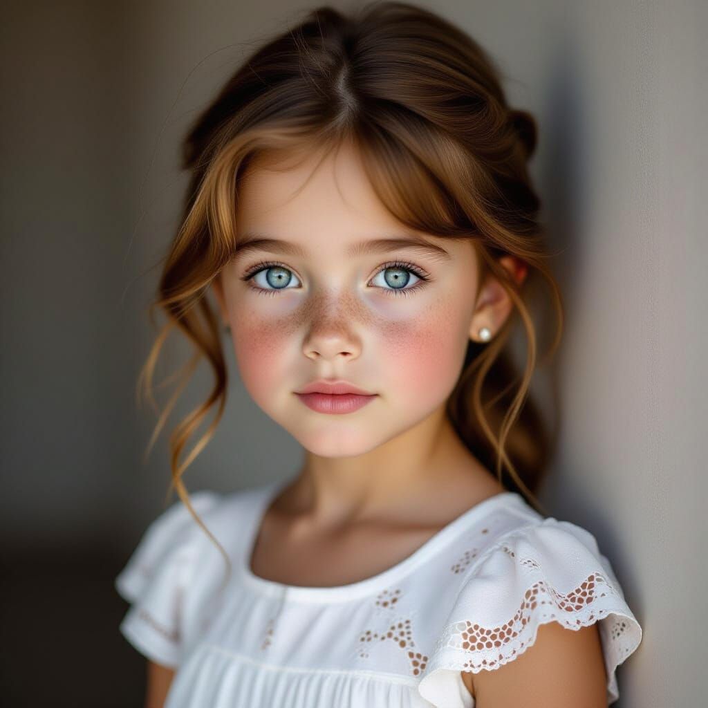Realistic Portrait of Freckled Girl with Blue Eyes