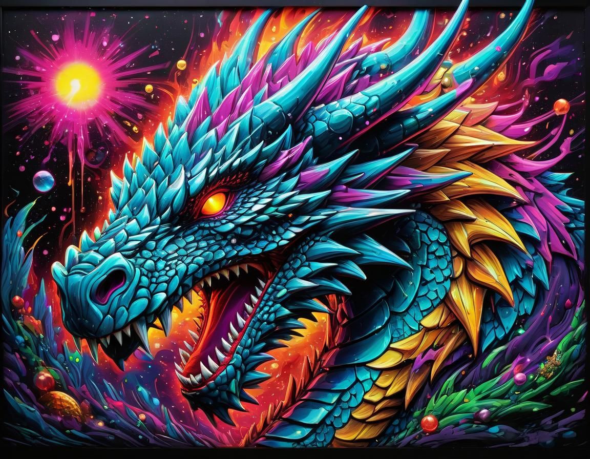 Bejeweled Neon Dragon in Psychedelic Graffiti Art