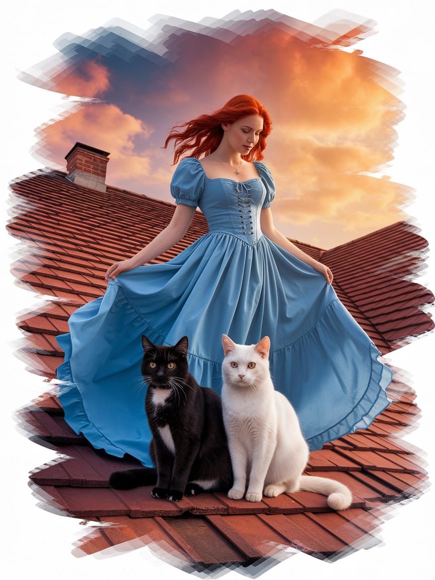 Red-Haired Witch with Cats in Double Exposure Art