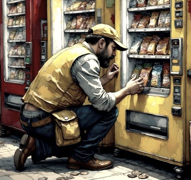 Vending Machine Operator Collects Coins in a Bustling City S...