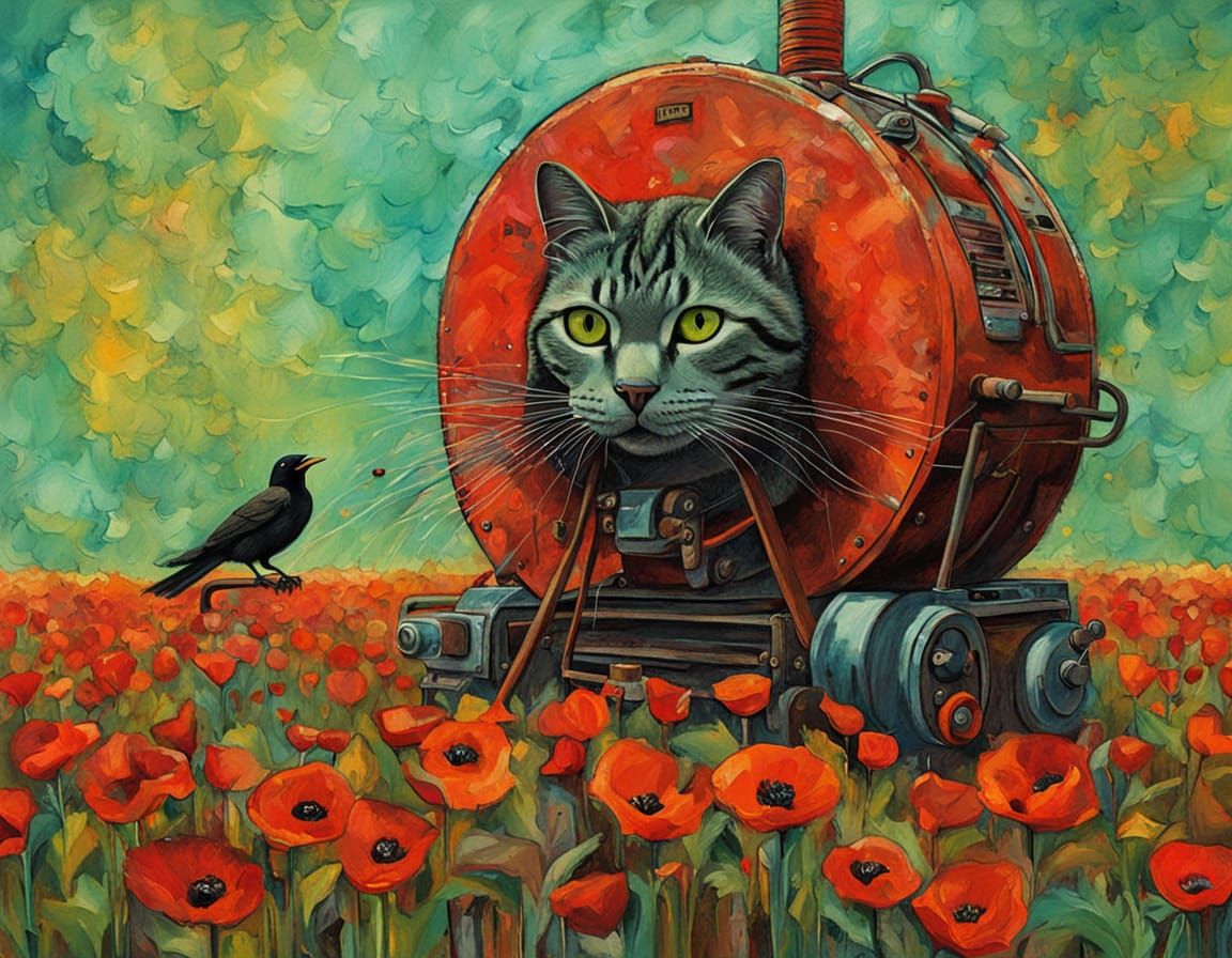 Woman, Crow, and Toaster Machine as Impasto Painting