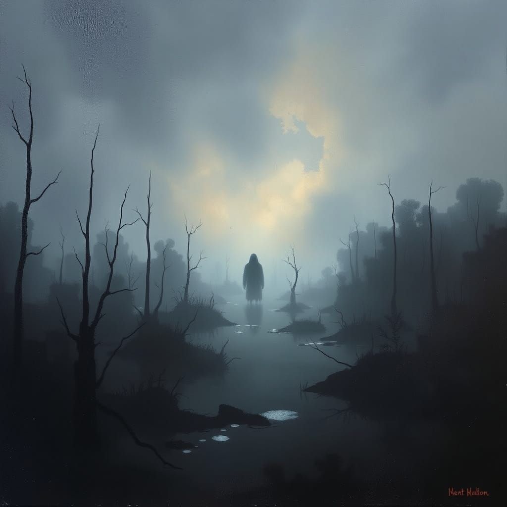 Eerie Swamplands: Twilight Figure in Expressionist Style