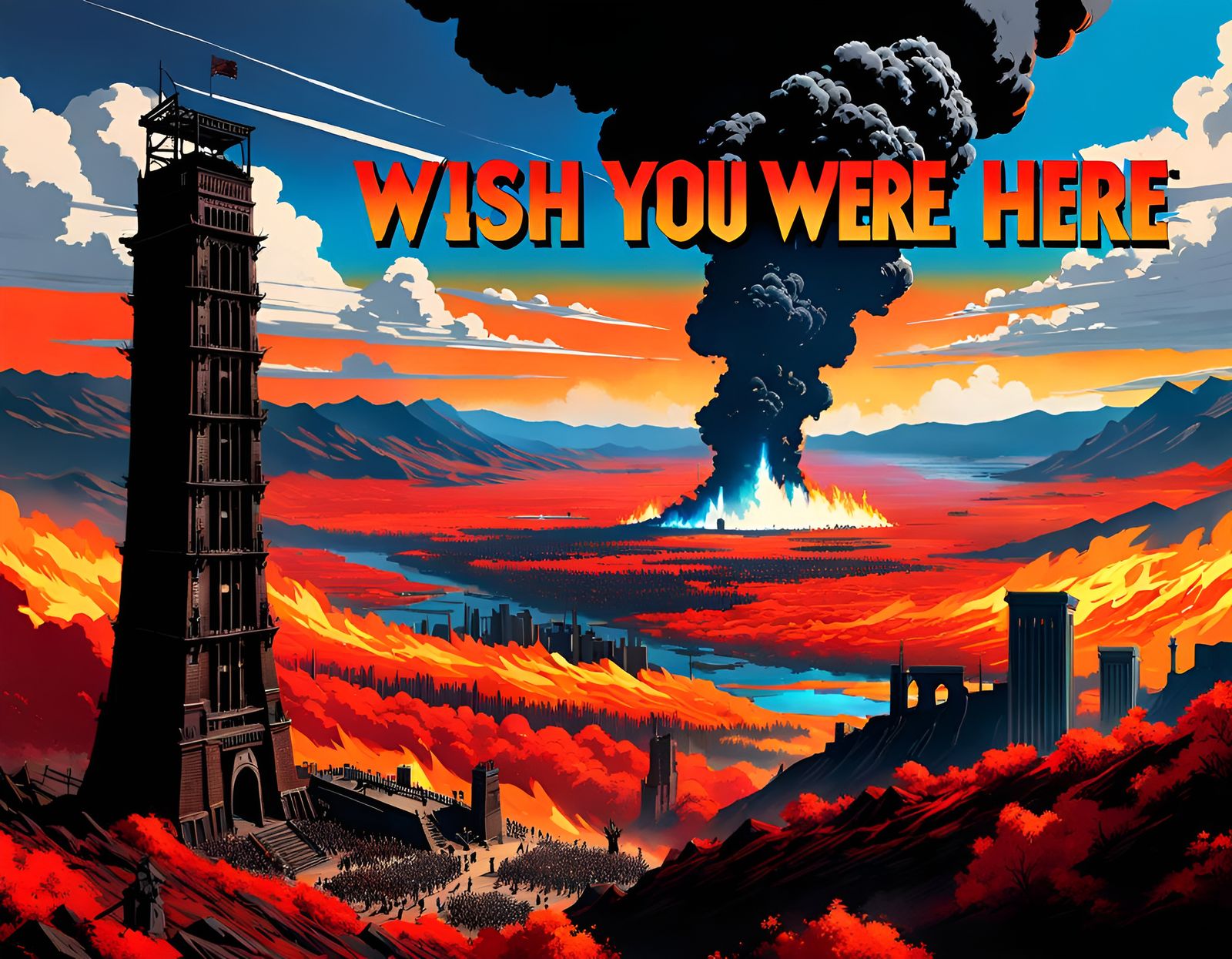 Apocalyptic Postcard Scene with Tower in Photorealistic Styl...