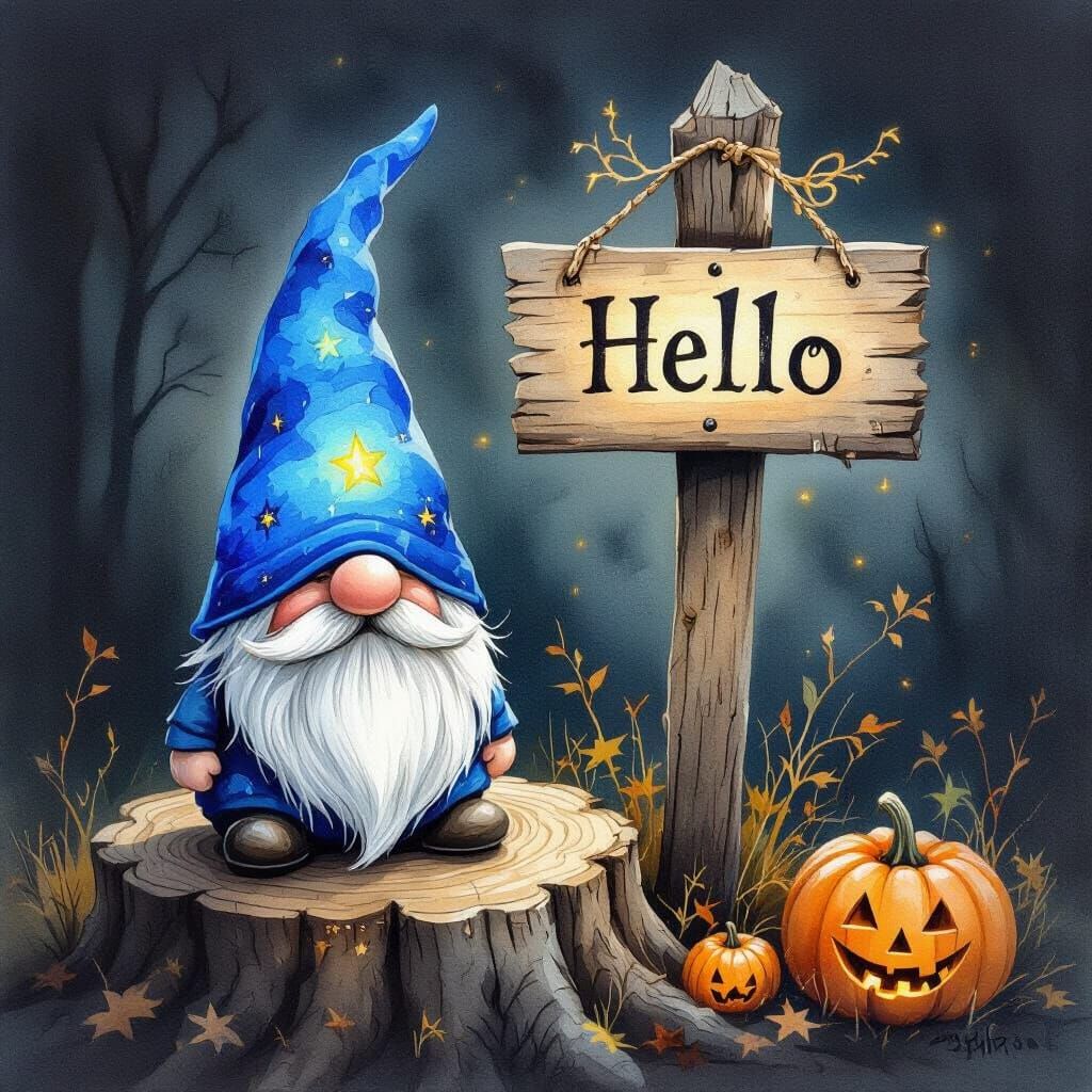 Gnome with Illuminated Blue Hat on Tree Trunk