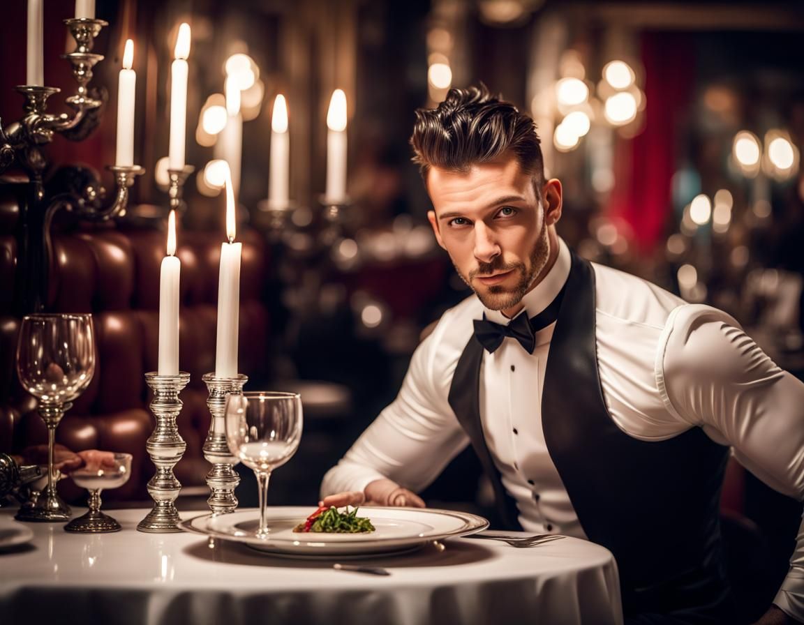 Elegant Diner: Man in Latex Tuxedo