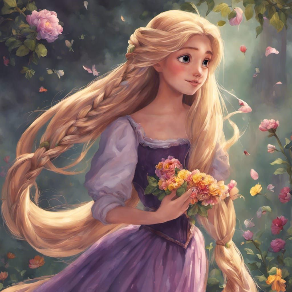 Rapunzel with Braided Hair Throwing Flowers