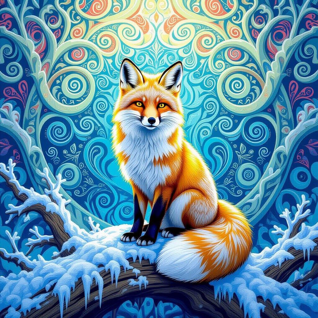 Snow Fox in Kaleidoscope Art Style on Frosty Wood