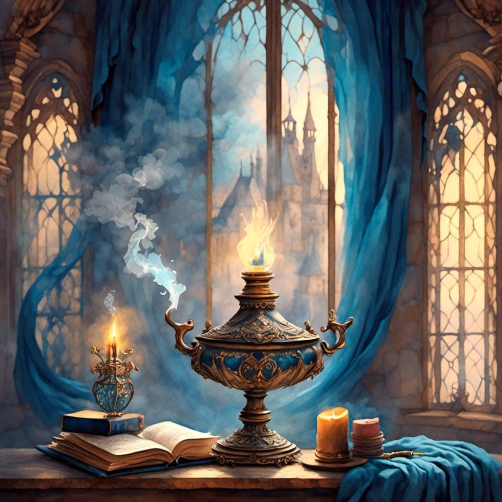 Elegant Mage Study with Genie Lamp
