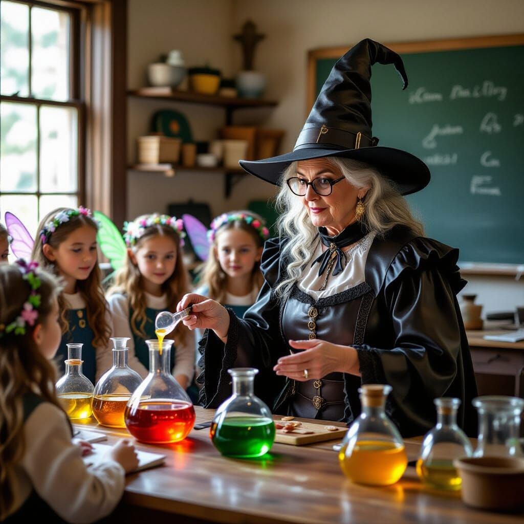 Witch Teaches Fairies Potion Making in Chemistry Class