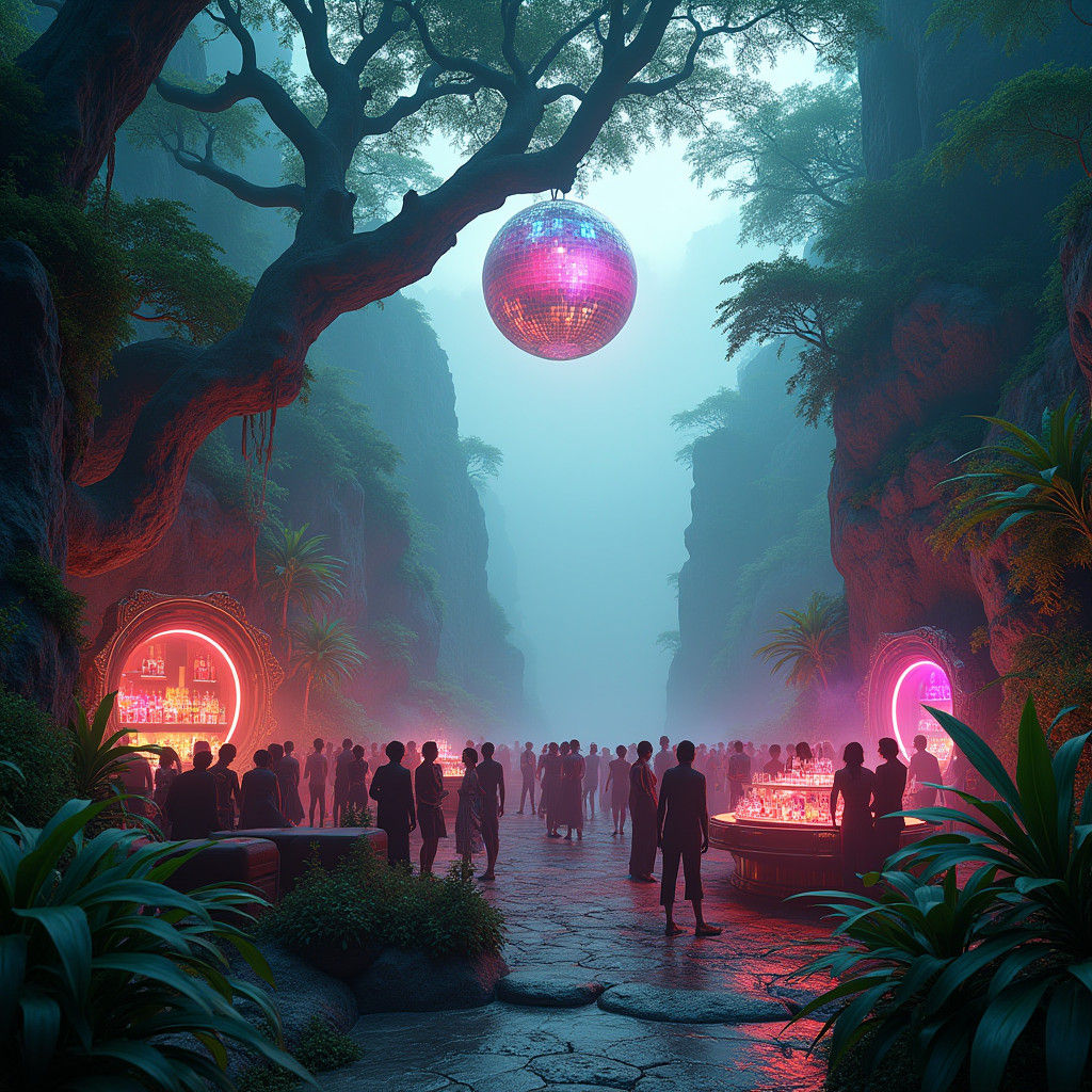 Mountainside Techno Party in Syd Mead Style