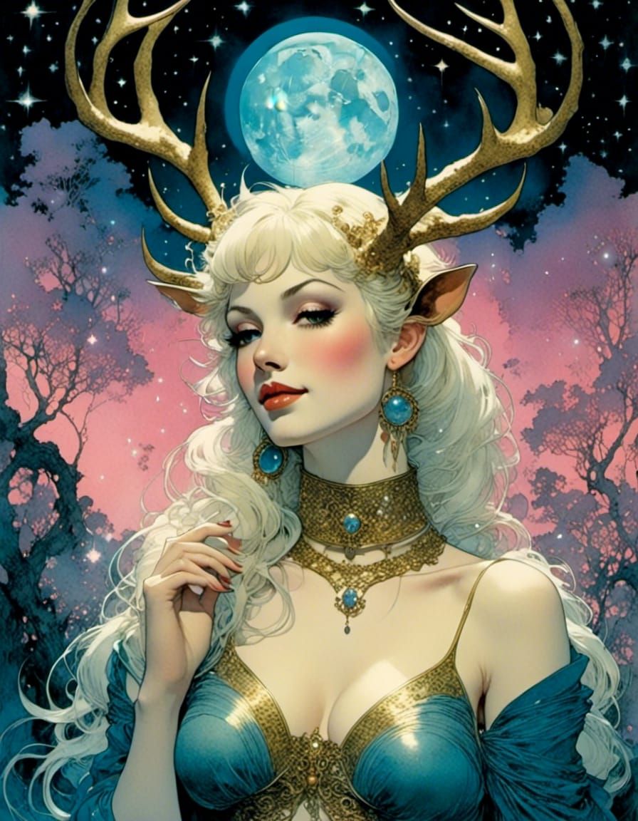 Stunning Woman with Antlers in Comic Book Style