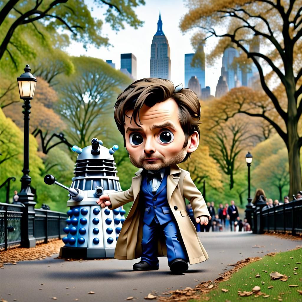 Chibi Doctor Who Running From Dalek in Central Park