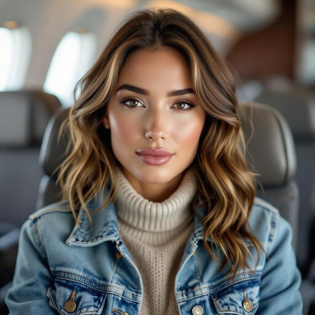 Beautiful Woman in Airplane Seat, Photorealistic Style