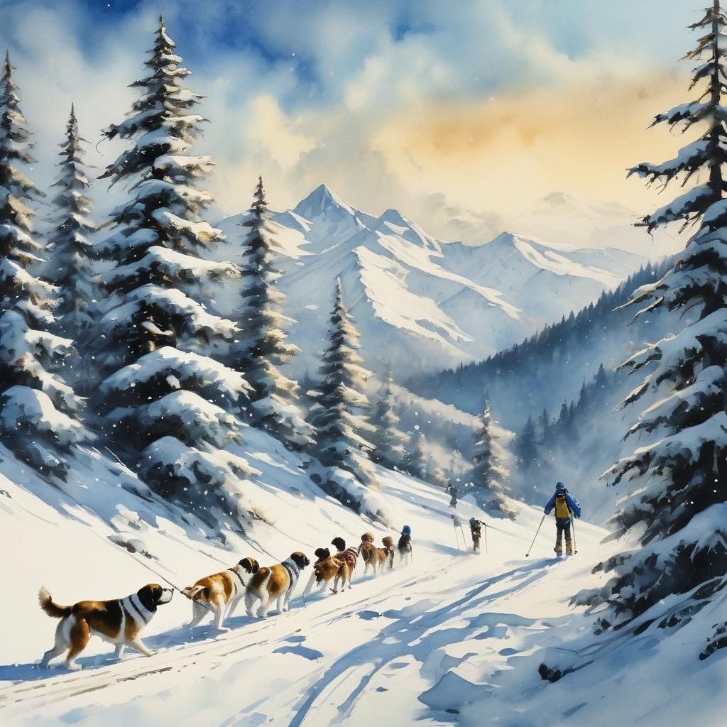 Watercolor Skiers and Dogs in Snowy Mountains
