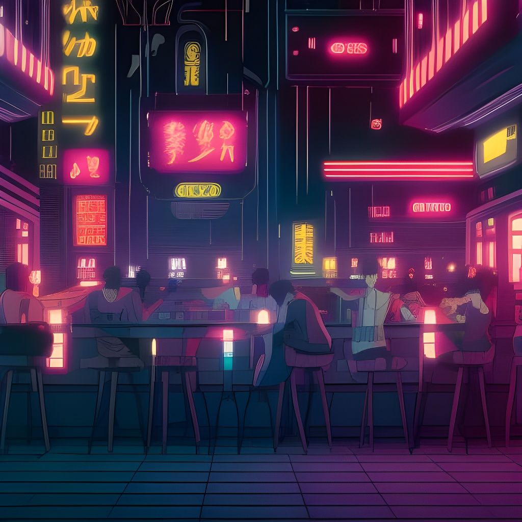 Crowded Cyberpunk Bar Interior in Anime Style