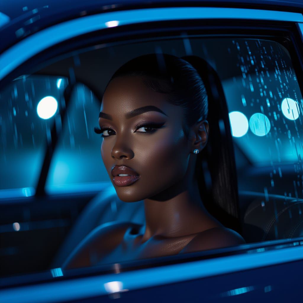 Elegant Black Woman in Luxury Car at Night