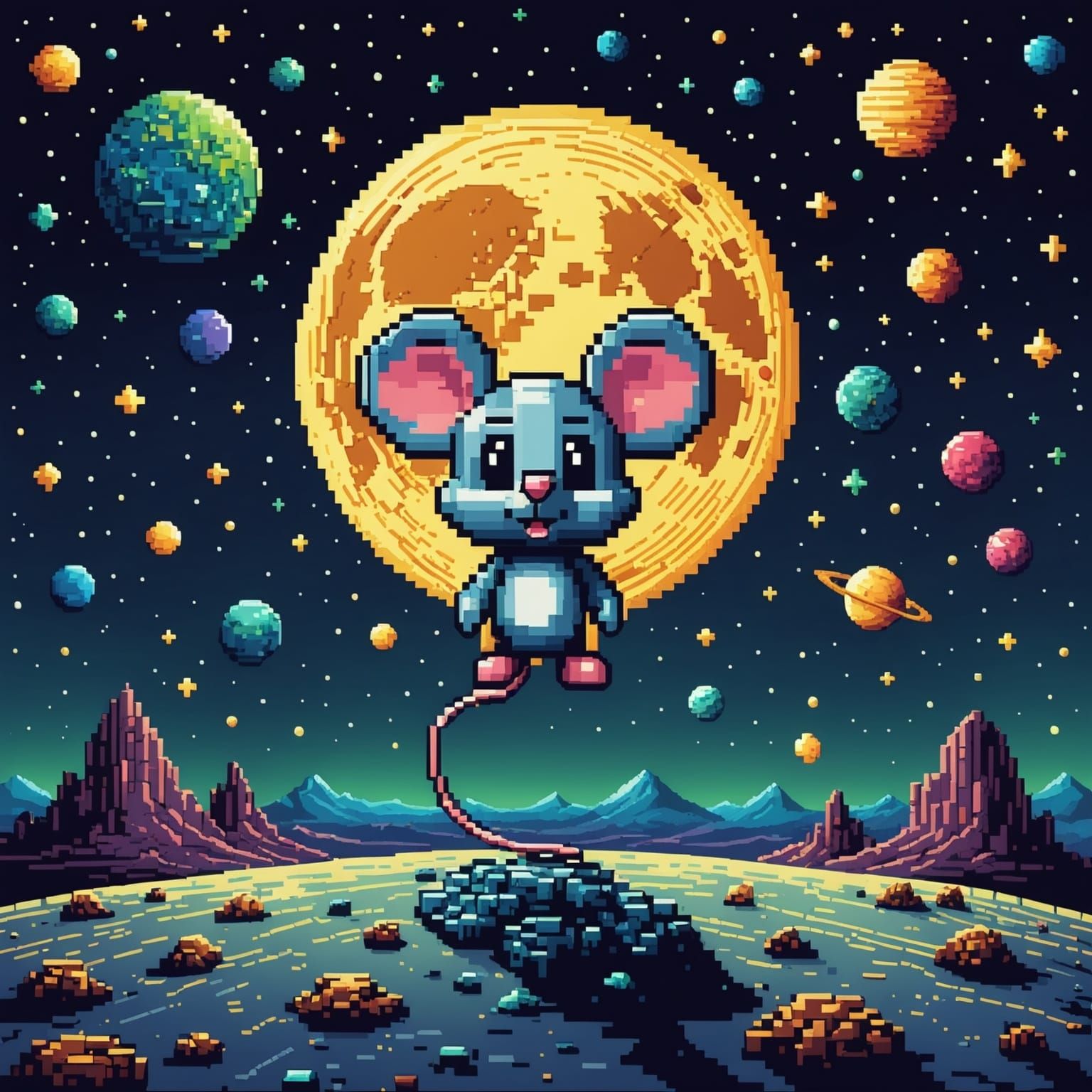 Chibi Mouse on the Moon in 8-bit Pixel Art