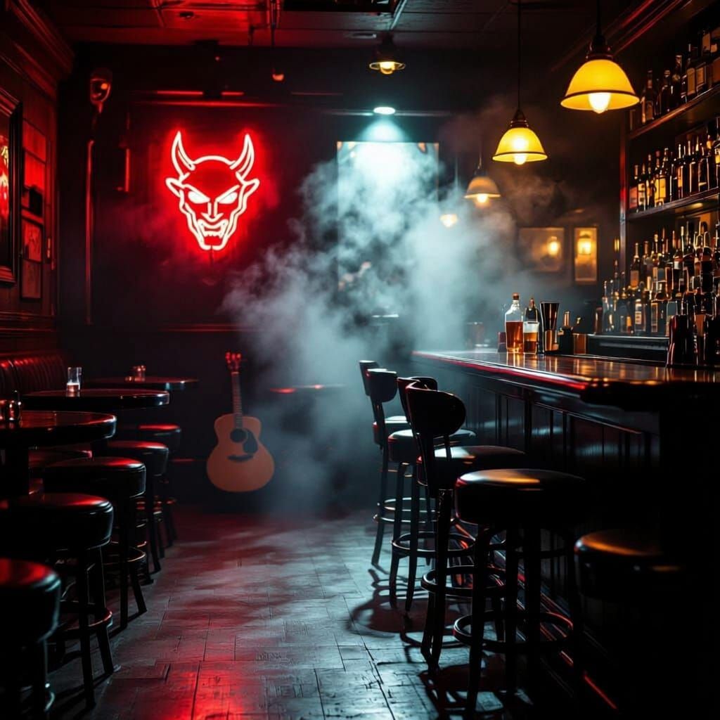 Cinematic Blues Bar Interior with Neon Devil Sign