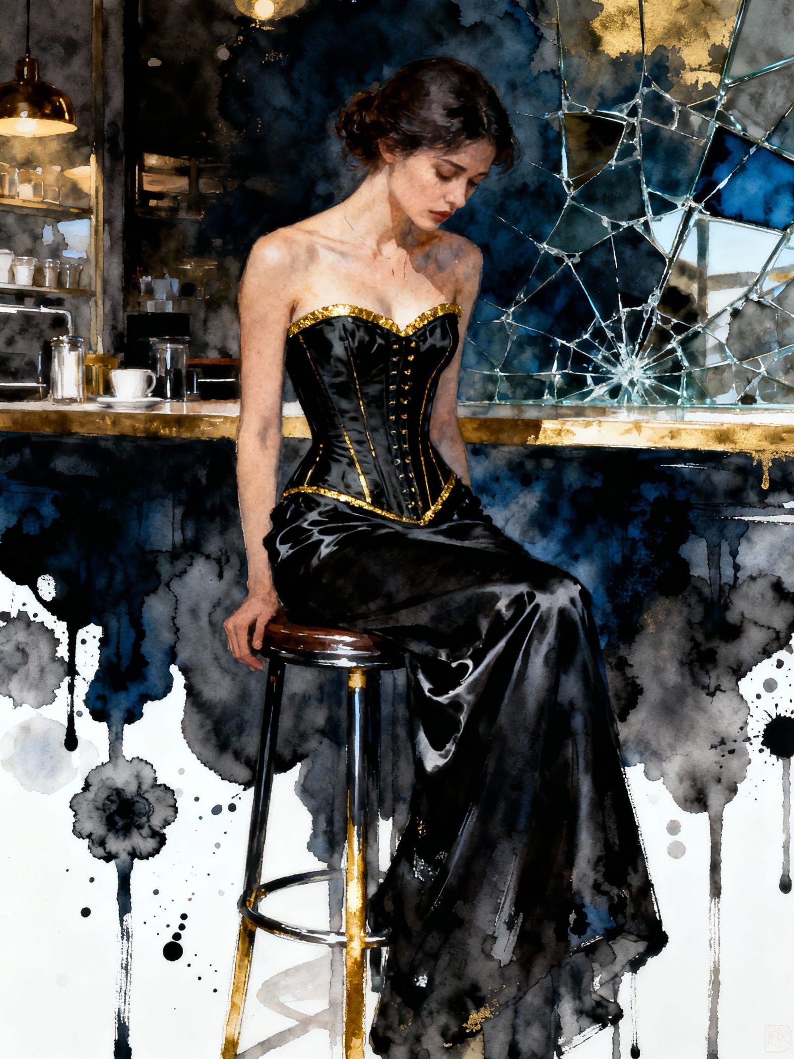 Introspective Woman in Corset, Abstract Cafe Portrait
