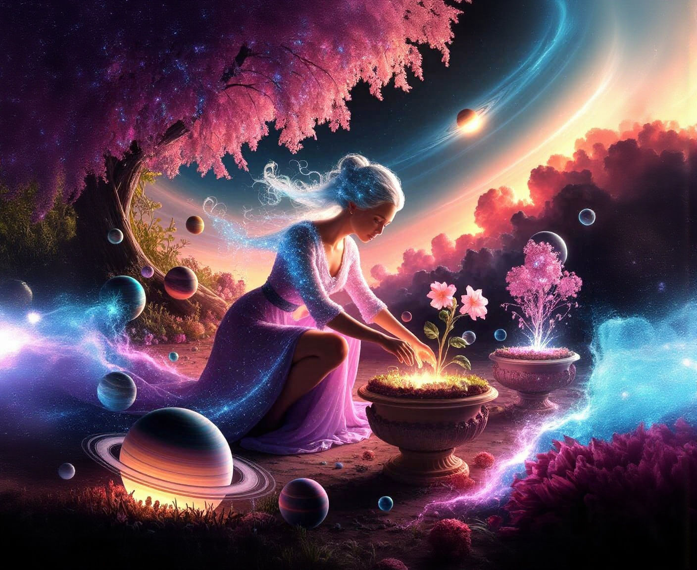 Cosmic Gardener Tending Nebula Garden