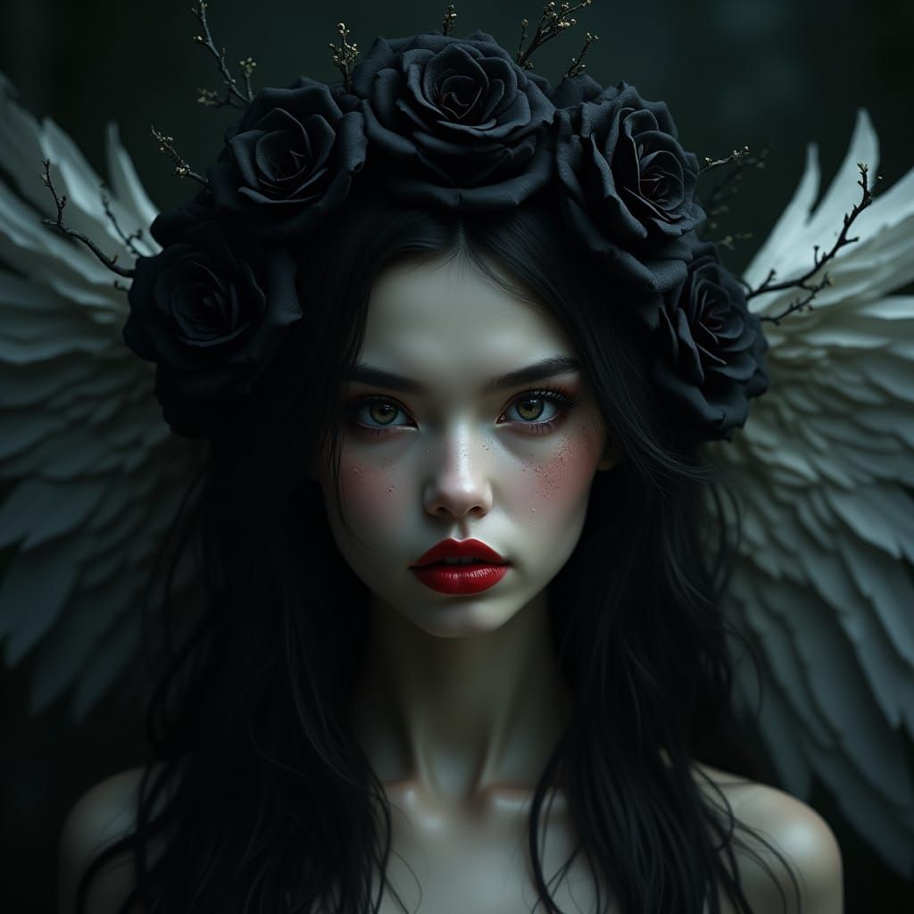 Gothic Woman with Roses and Wings in Photorealistic Style