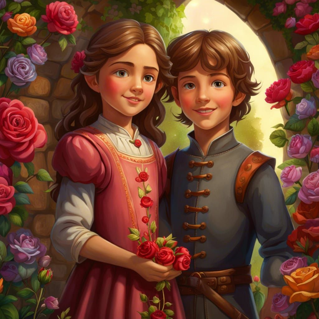 Medieval Children in Rose Garden: Colorful Digital Art