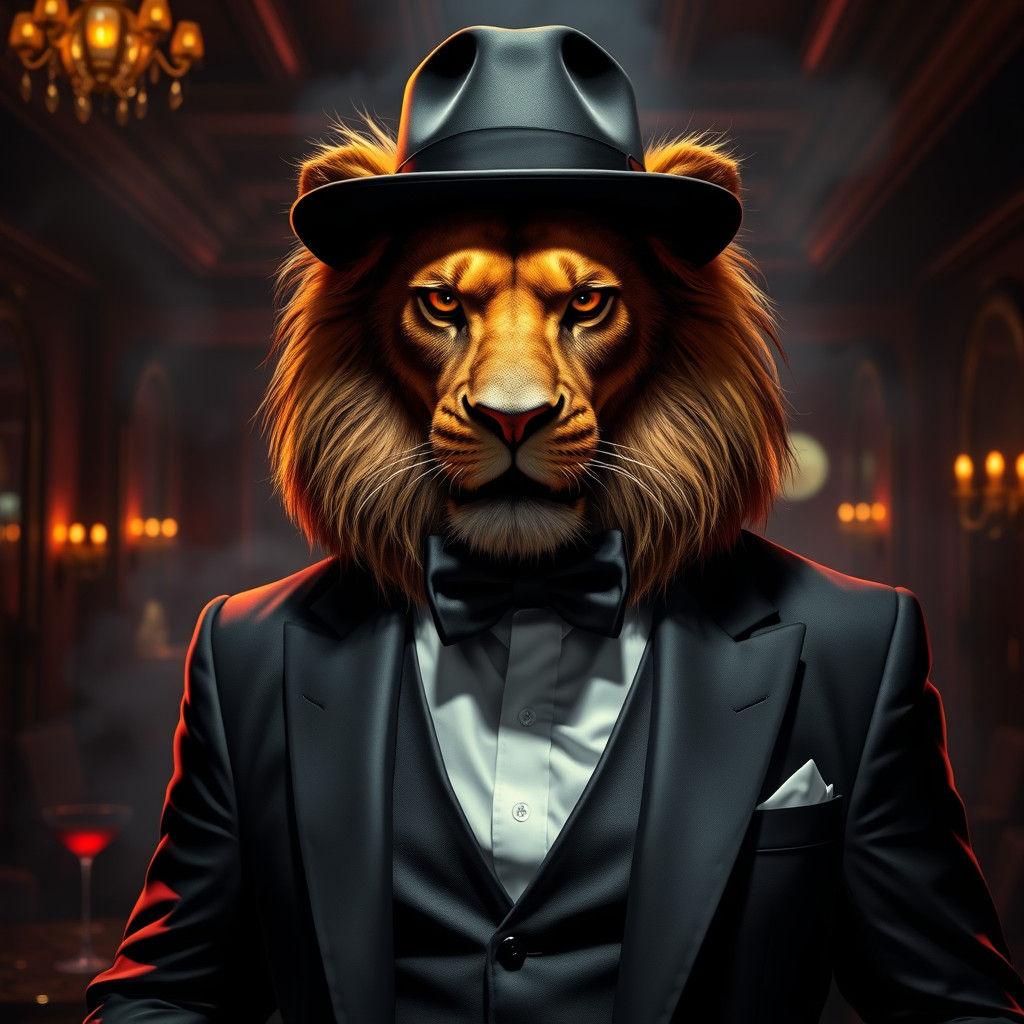 Lion Gangster, wicked evil eyes, evil face wearing expensive gentlemen suit clothing, bow tie, fedora hat, in a shady ni...