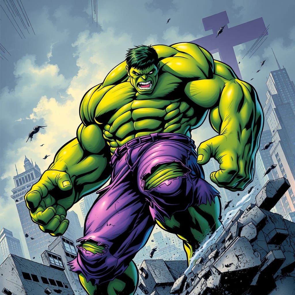 Hulk Smashing Cityscape in Comic Book Style