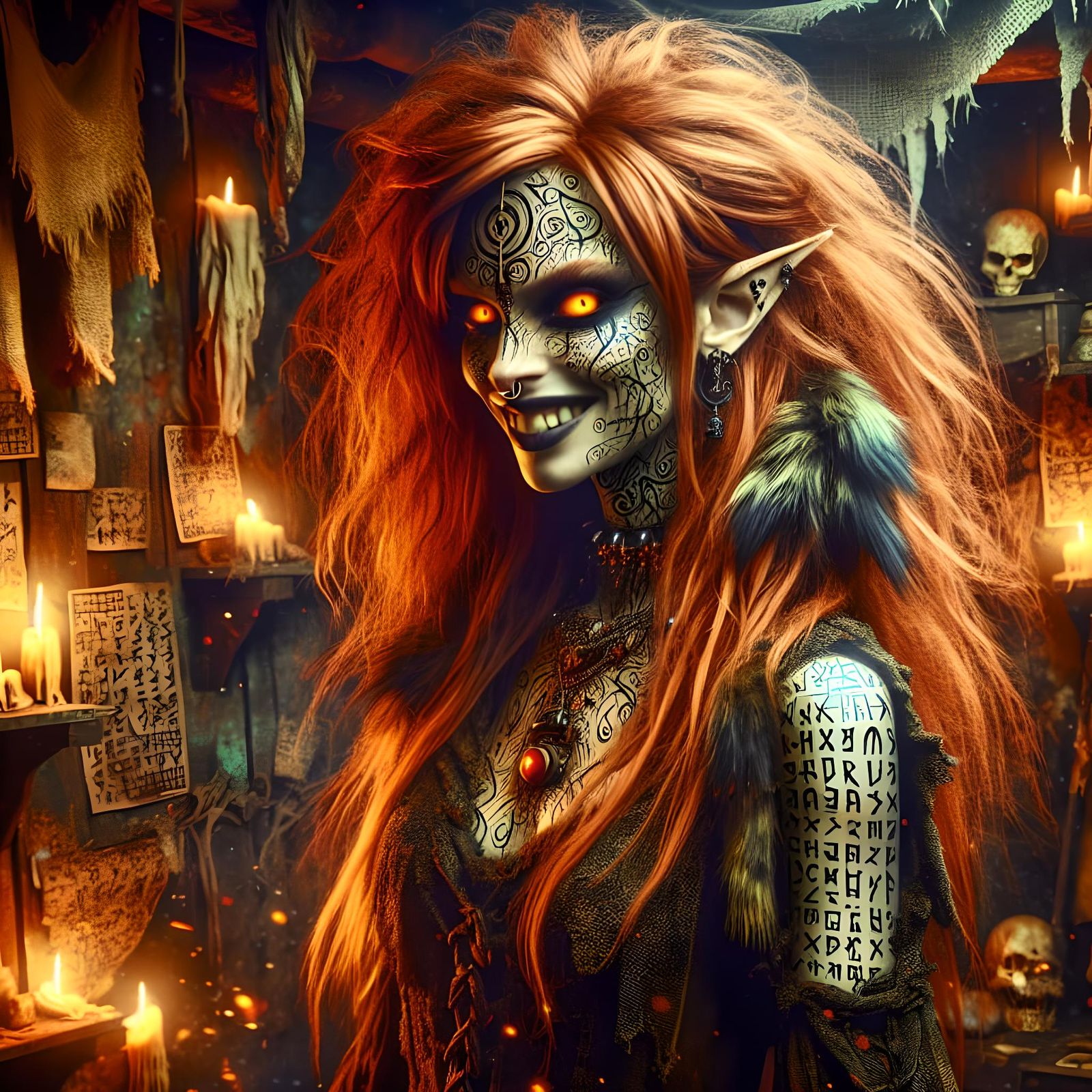 Voodoo Elf Woman with Runic Tattoo Illustration