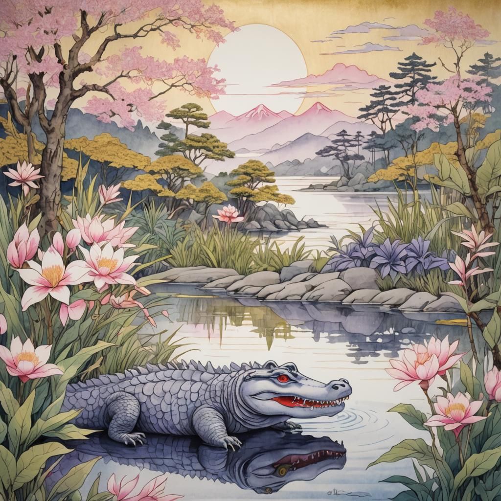 Alligators in Japanese Landscape: Ukiyo-e Aquarelle Painting