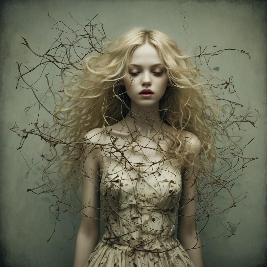 Tragic Blonde Portrait in Surrealist Style