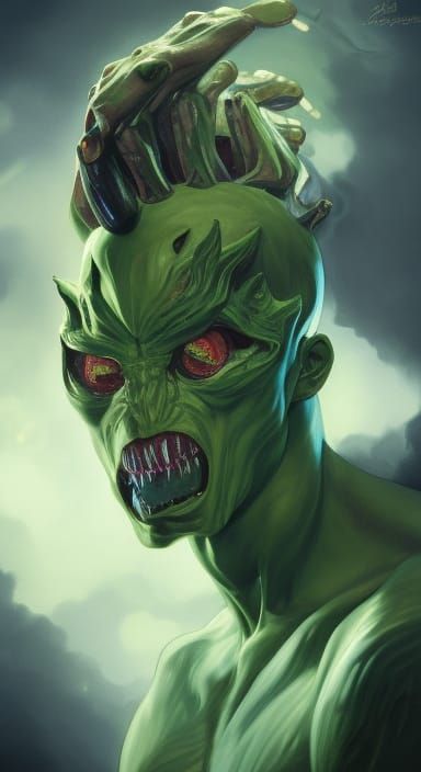 Green Four-Armed Humanoid Portrait in Hyperdetailed Style