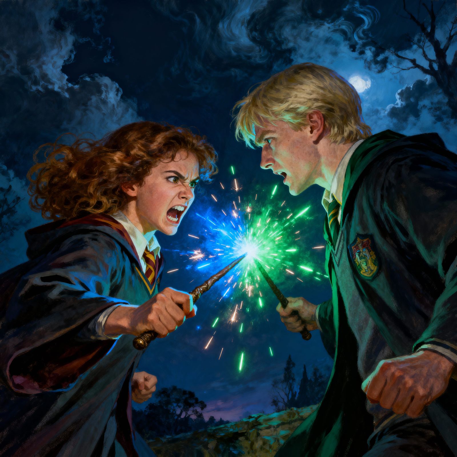 Hermione Granger and Draco Malfoy in Intense Night Duel