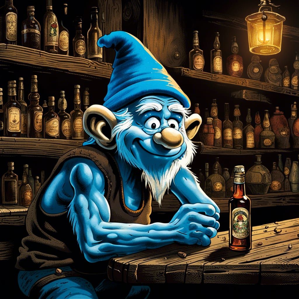 Old Smurf at Dimly Lit Bar, Fantasy Art