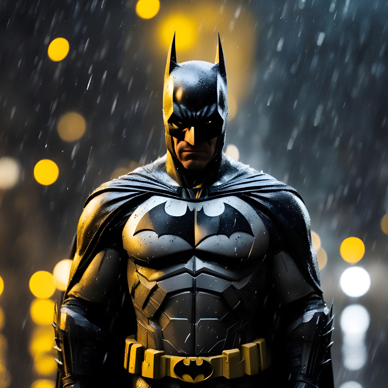 Batman standing in heavy rain , Night time : 1.2< bokeh yell...