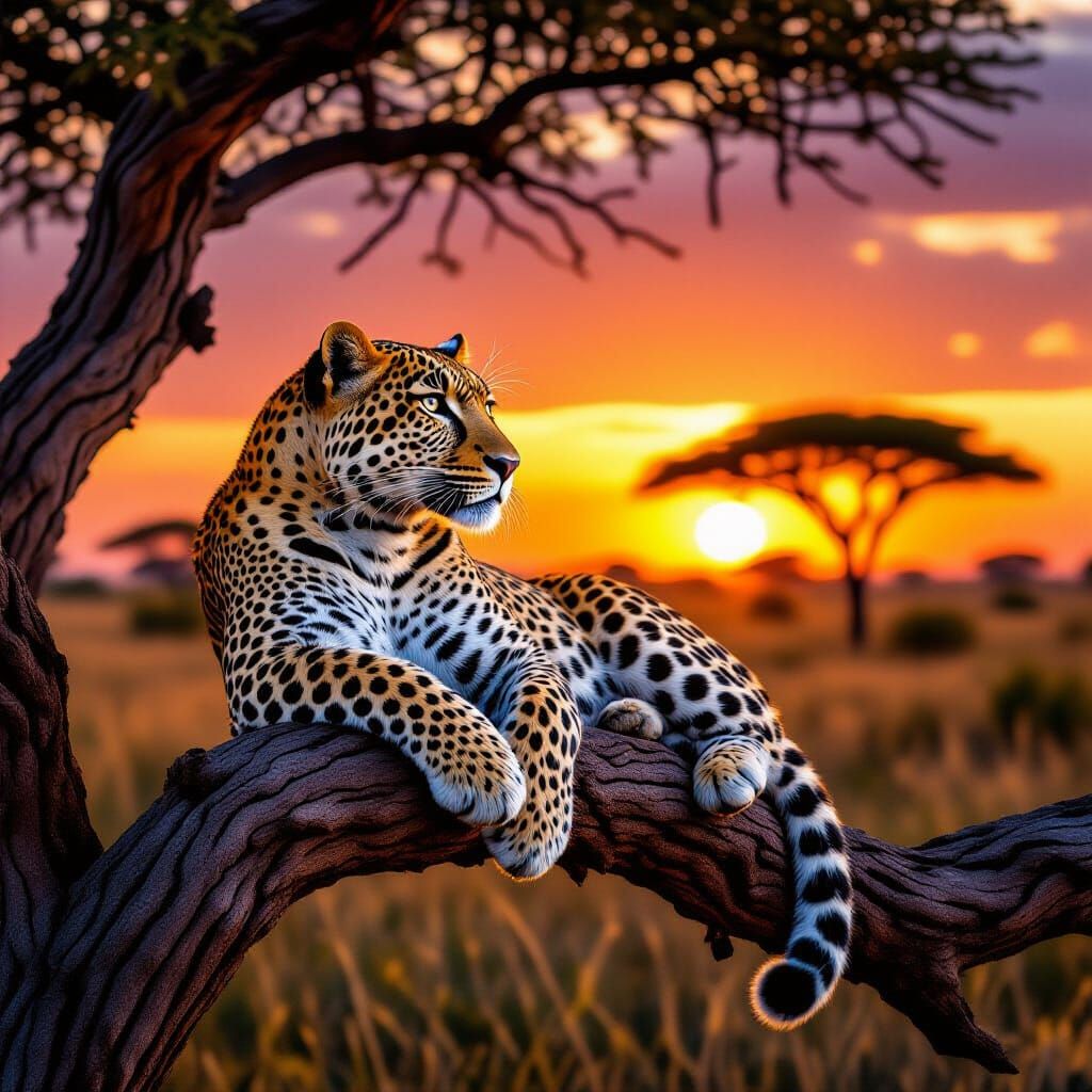 Leopard Watching Sunset From Tree Branch