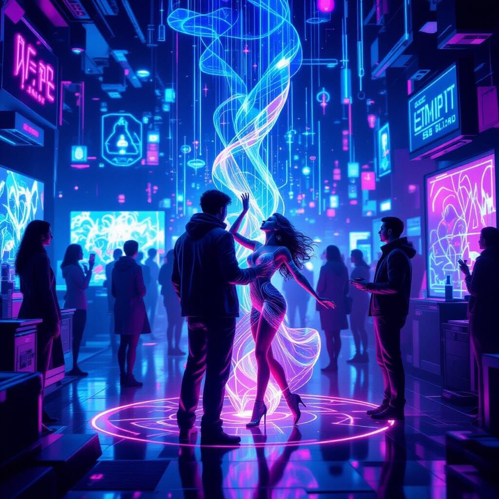 Futuristic Holographic Scene in Neon-Lit Style