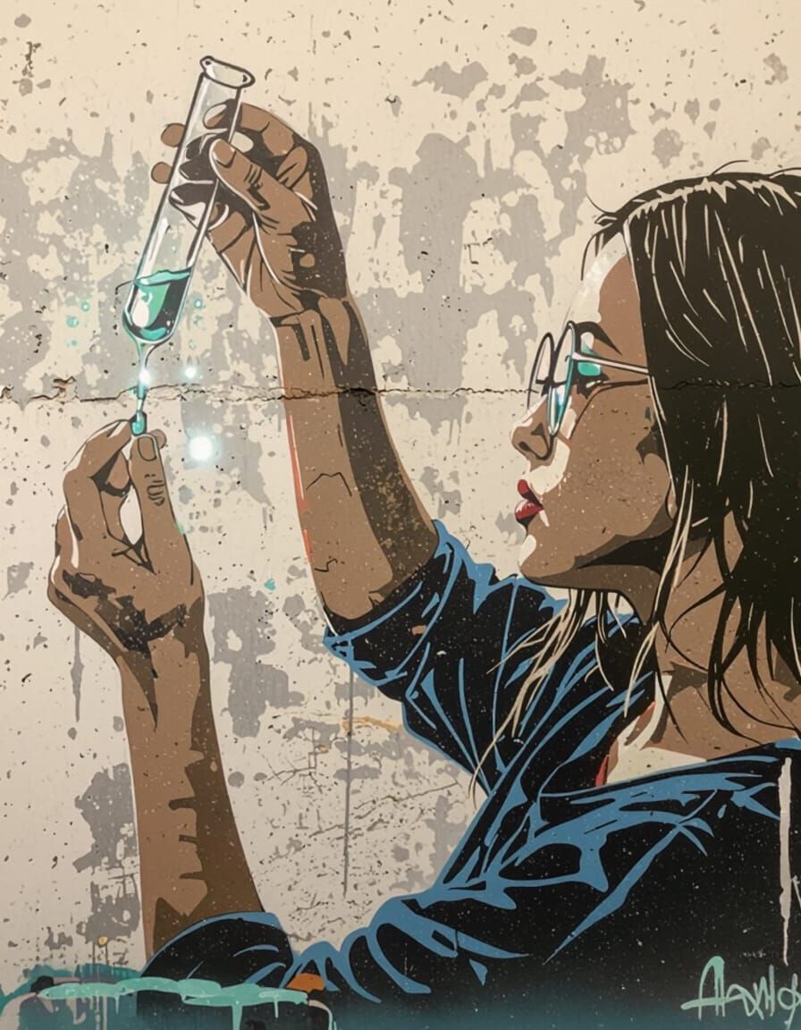 Banksy Style Graffiti: Woman with Glowing Test Tube