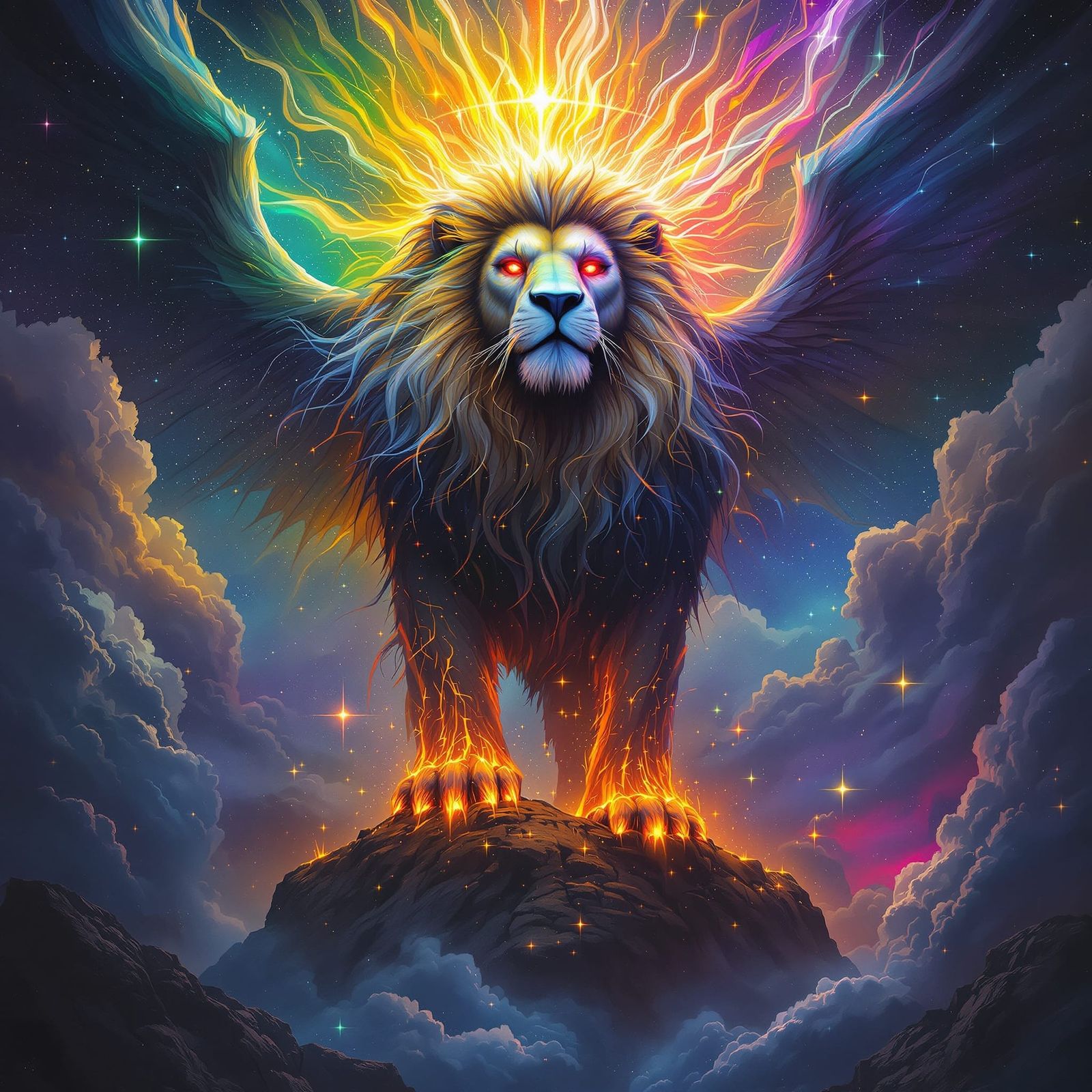 Cosmic Lion Deity on Celestial Cliff