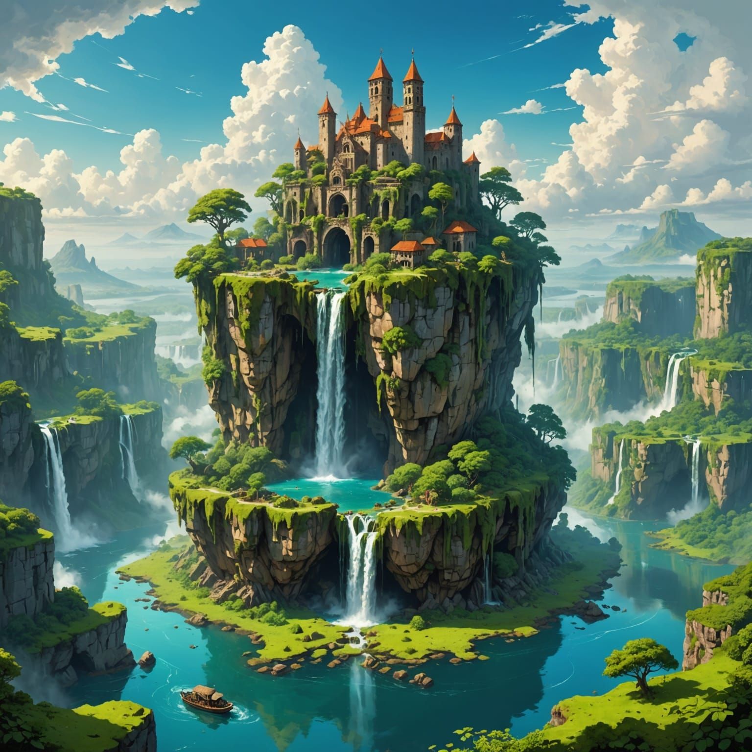 Mystical Floating Island with Ancient Ruins, Digital Paintin...