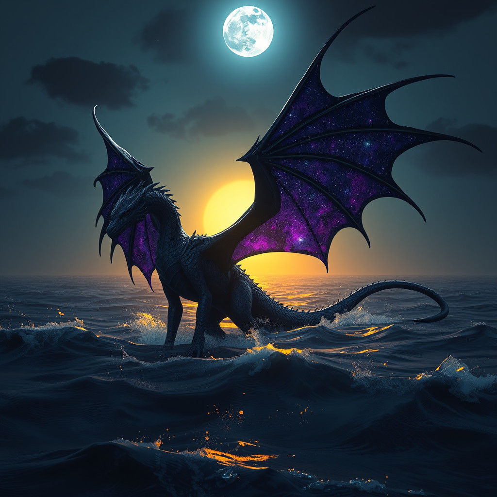 Night Sky Dragon Over Ocean: Dark Fantasy Art
