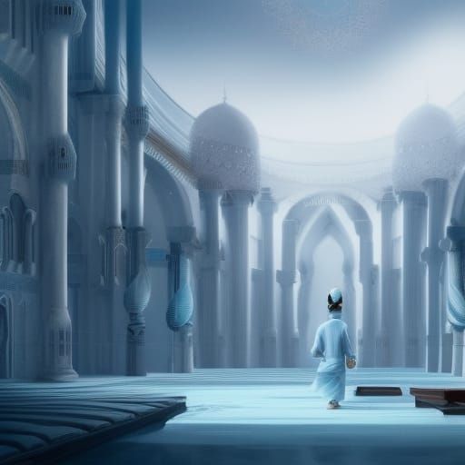 Artistic Muslim Prayer Scene in White and Blue