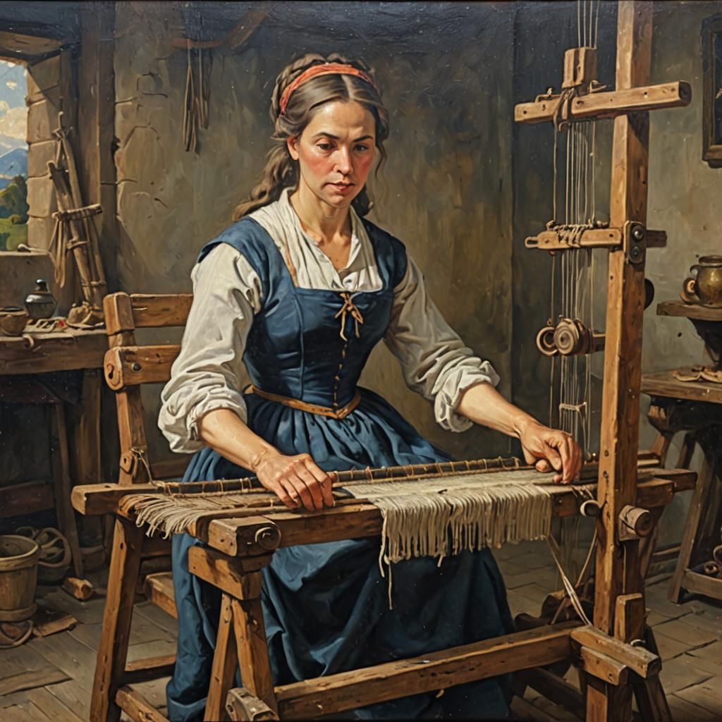 Historical Oil Painting: Woman at the Loom