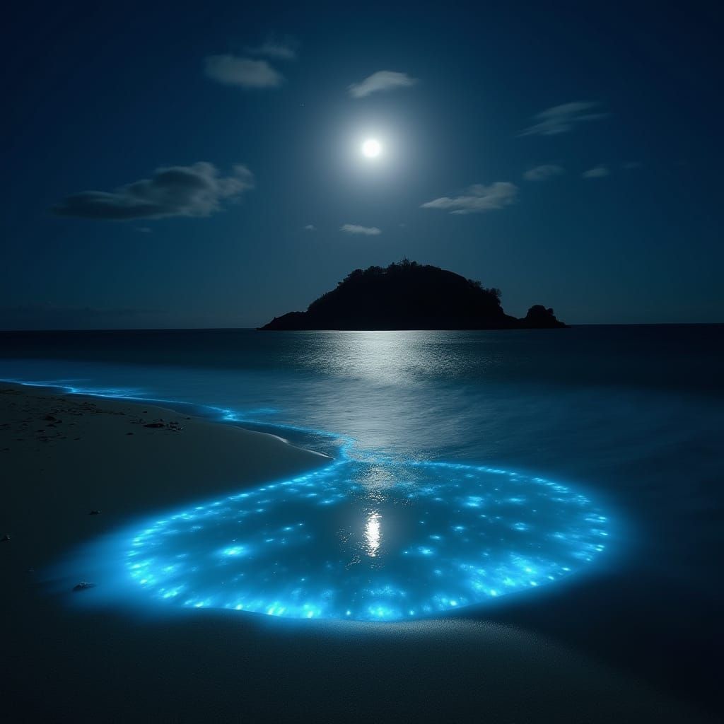 Moonlit Beach With Bioluminescent Glow and Distant Island