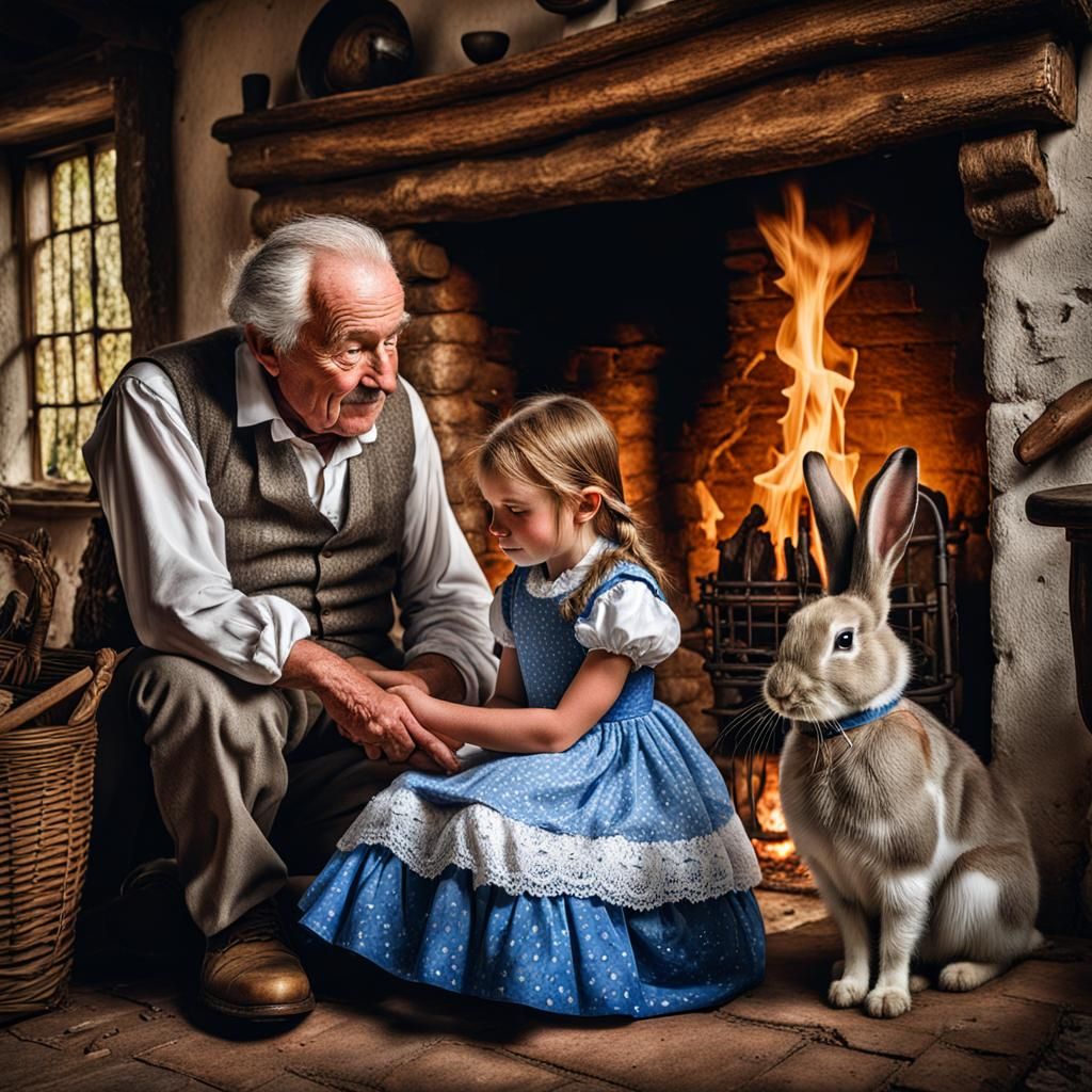 Girl Shows Rabbit to Grandfather in Cottage